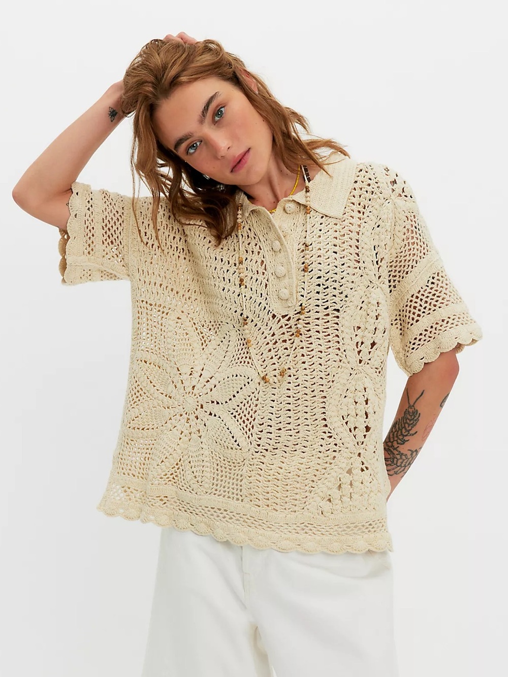 NWT Free People Dahlia Crochet Polo Shirt